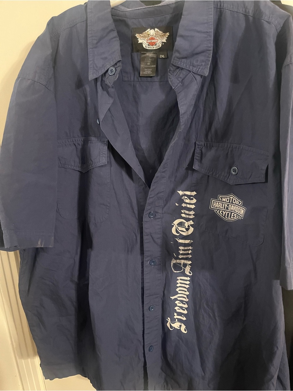 Harley-Davidson Navy Short-Sleeve Button-Up Shirt with Script and Shield Patch